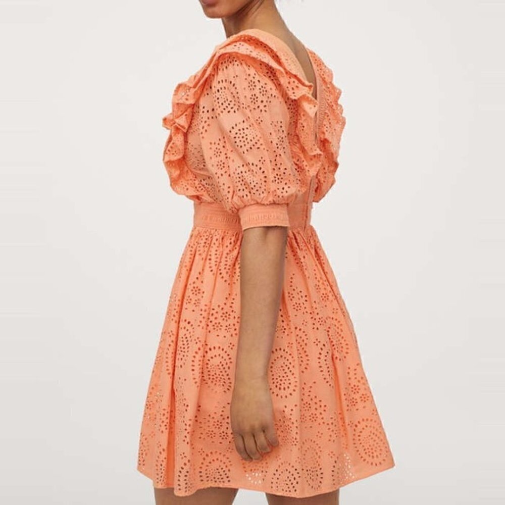 NWT H&M Broderie Anglaise Eyelet Ruffle Dress In Coral Pink XS